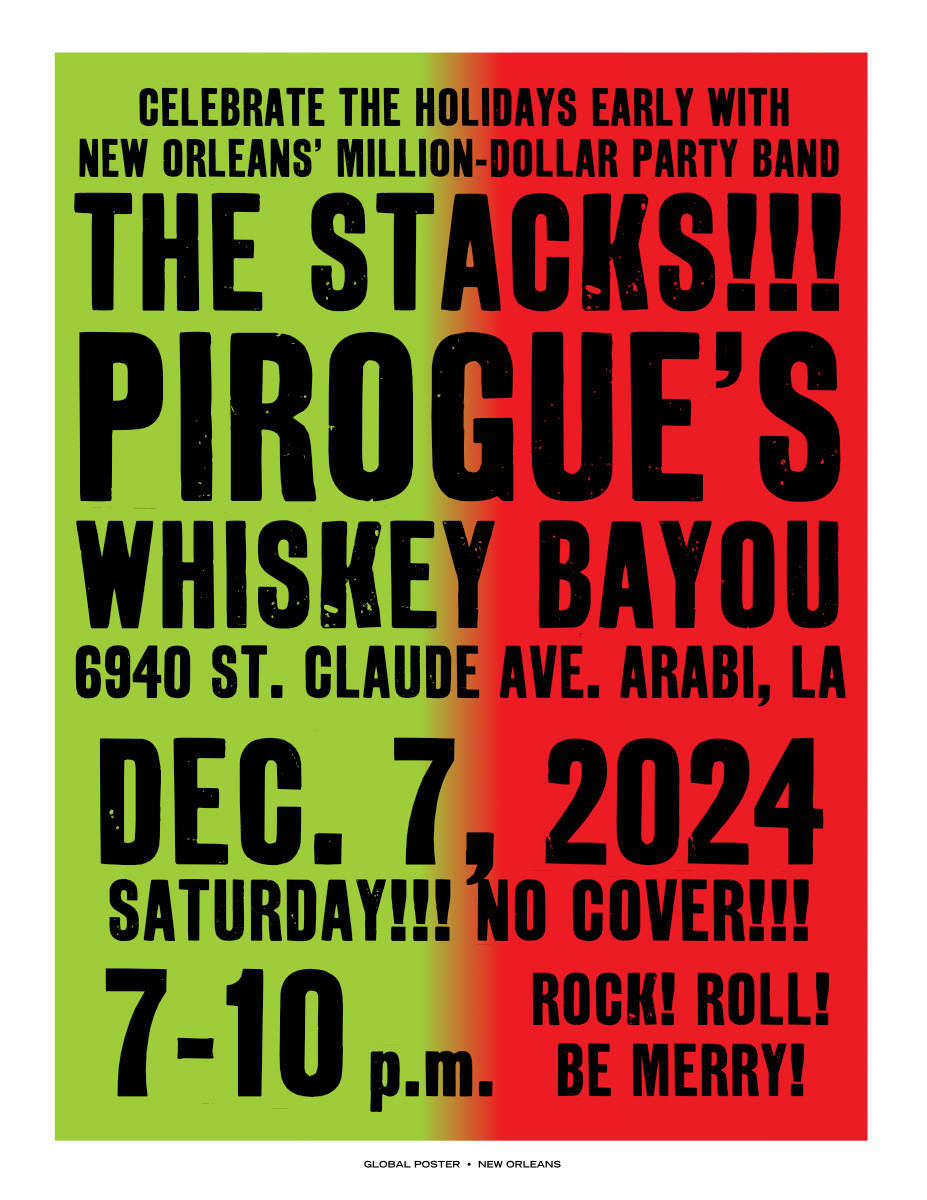 Flyer for Stacks at Pirogue's December 7, 2024