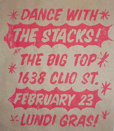 Silkscreen flyer for Stacks at Big Top, New Orleans, February 23, 2002