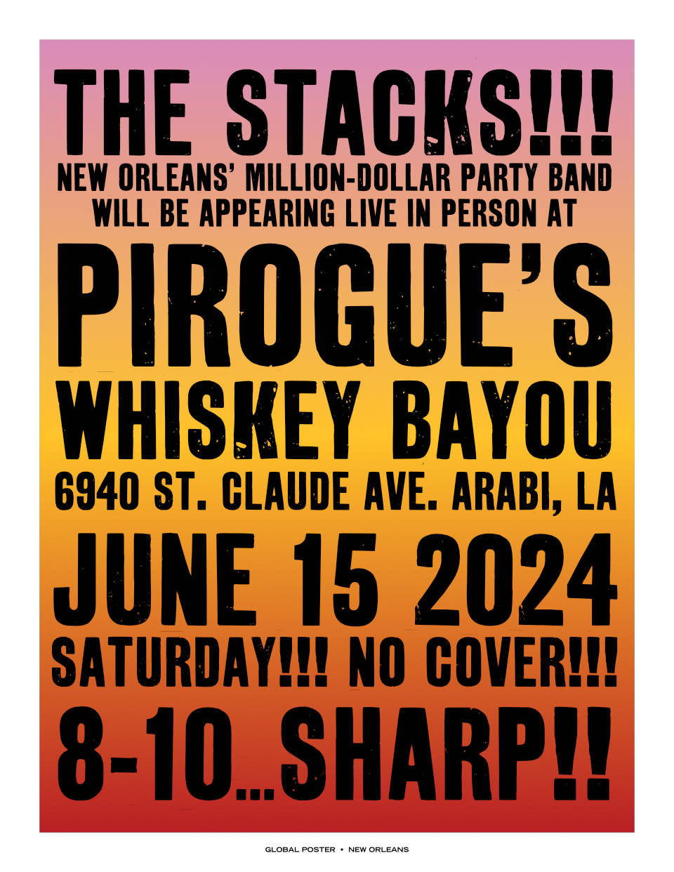 Flyer for Stacks at Pirogue's June 15, 2024