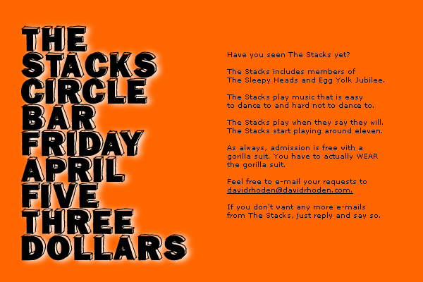 Flyer for Stacks at Circle Bar, New Orleans, April 5, 2002